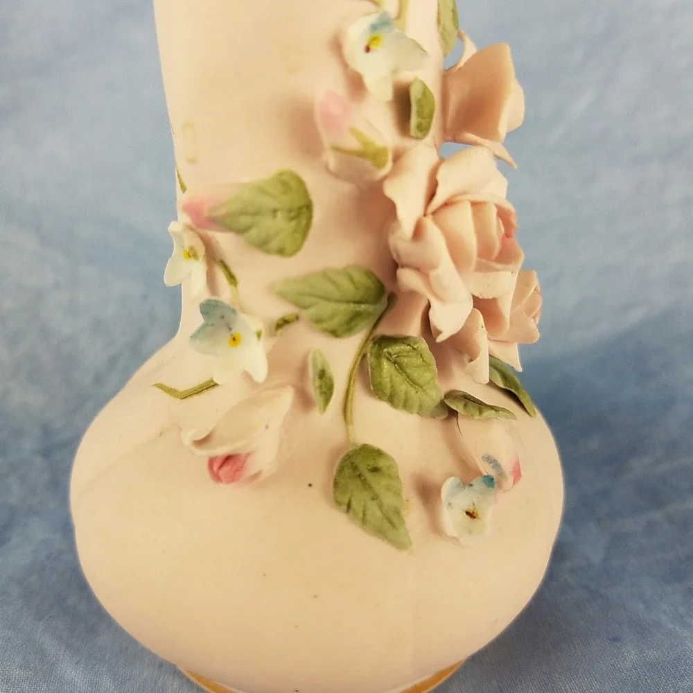 Lefton VNTG‎ Pink Vase applied flowers Japan bud 1040 green leaves matte pink